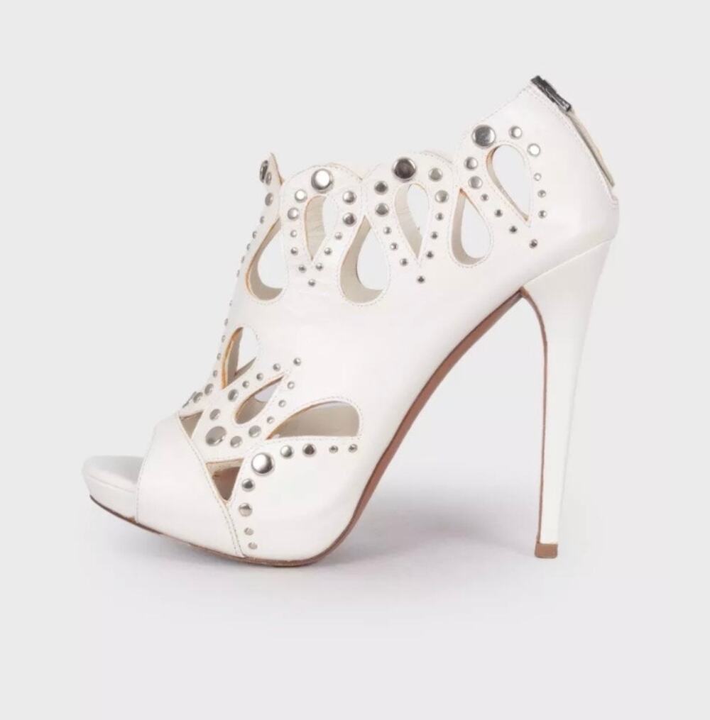 Alaïa White Leather Rhinestone High Heel Sandals 39.5